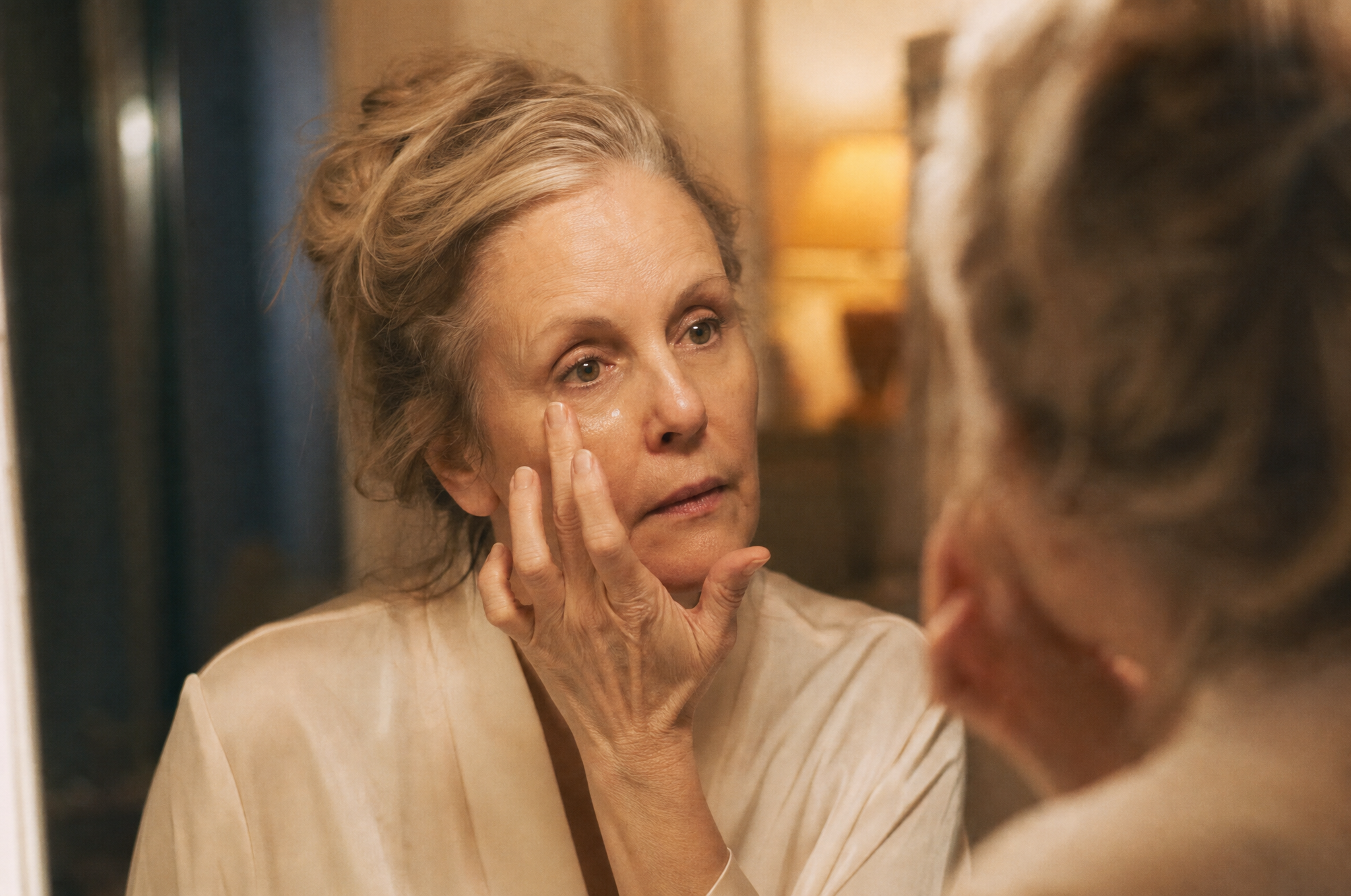 A woman applying balm under her eye at night