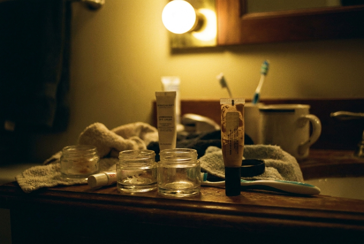 A counter of eye creams at night