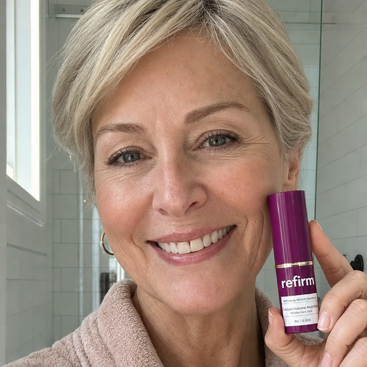 Woman holding a purple bottle labeled 'refirm' in a bathroom setting