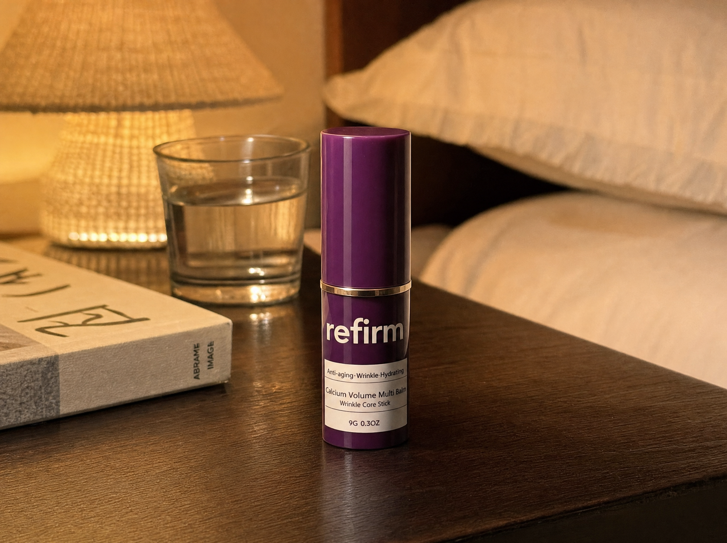 Refirm Calcium Balm on nightstand with glass of water, warm evening light